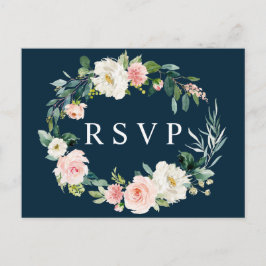 Navy Blush Blommig Krans Bröllop RSVP Postkort Inbjudan Vykort