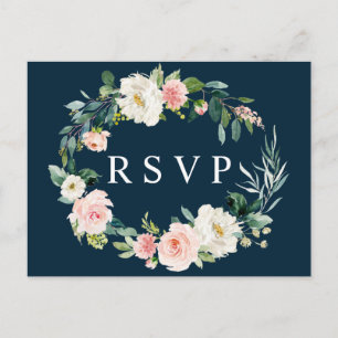 Navy Blush Blommig Krans Bröllop RSVP Postkort Inbjudan Vykort