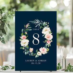 Navy Blush Blommig Krans Bröllops Bord Nummer Bordsnummer