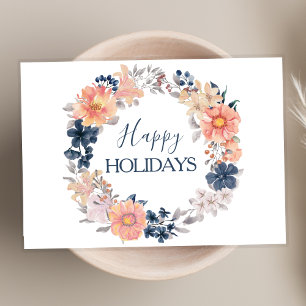Navy & Blush Blommig Krans God Jul Hälsning Kort