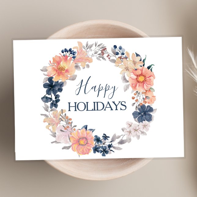 Navy & Blush Blommig Krans God Jul Hälsning Kort (Skapare uppladdad)