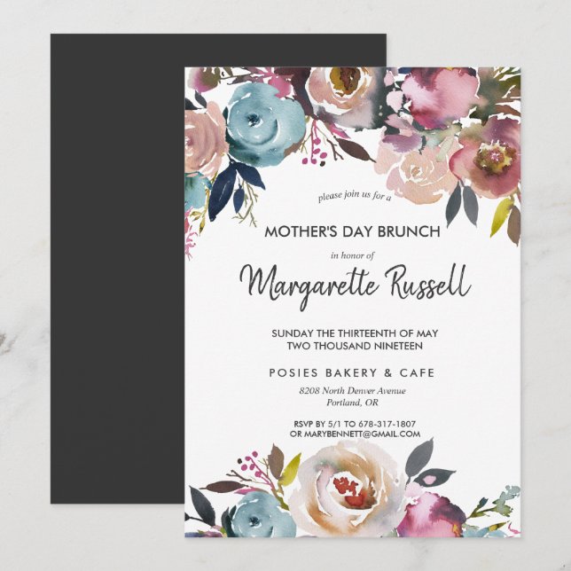 Navy & Blush Blommig Morsdagsbrunch-inbjudan Inbjudningar (Fram/baksida)