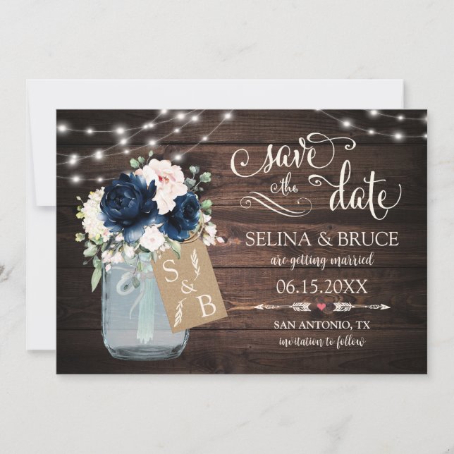 Navy Blush Blommig Rustik Trä Spara Datum Kort (Framsida)