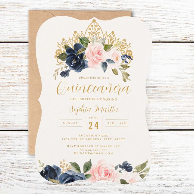 Navy Blush Blommig Tiara Quinceanera  Inbjudningar (Skapare uppladdad)