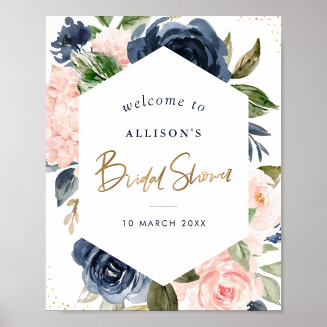 Navy & blush blomsterlig bröllopsdusch välkomstsky poster (Framsidan)