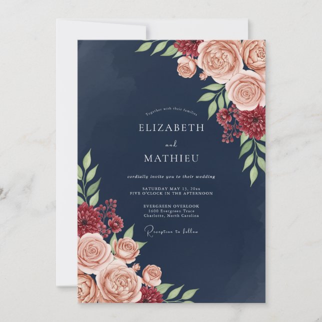Navy Blush Bloom Romance Wedding Inbjudningar (Framsida)