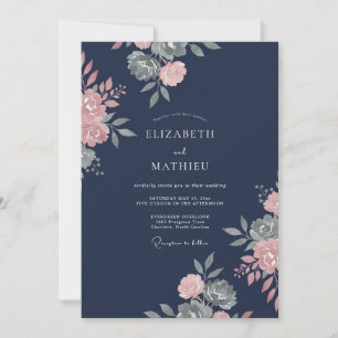 Navy Blush Botanisk Akvarell Bröllop Inbjudningar