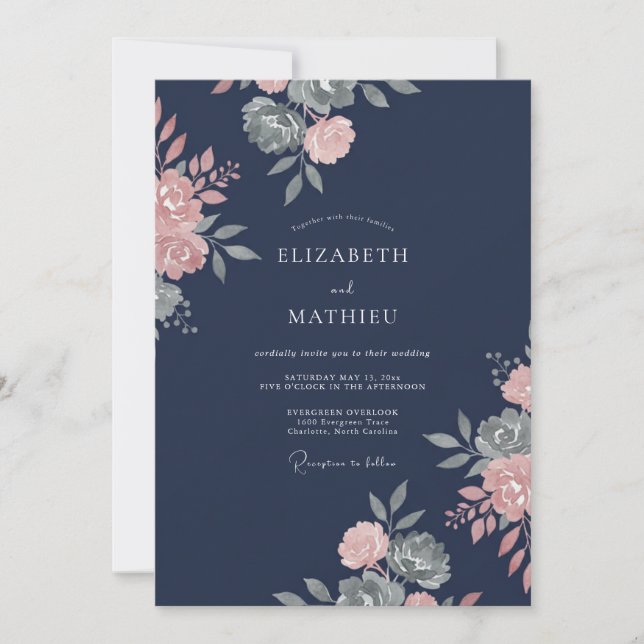 Navy Blush Botanisk Akvarell Bröllop Inbjudningar (Framsida)