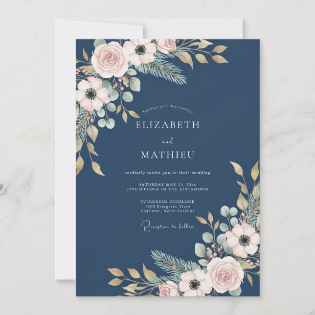 Navy Blush Botanisk Bröllop Inbjudningar (Framsida)