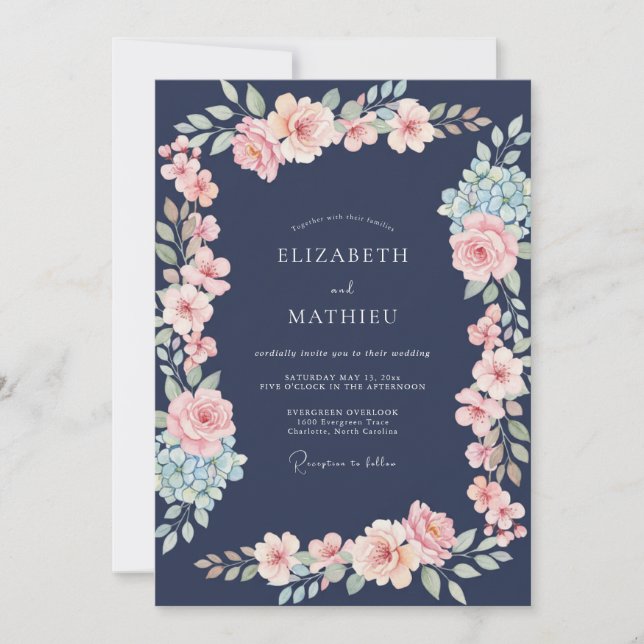 Navy Blush Botaniskt Blommig Bröllop Inbjudningar (Framsida)