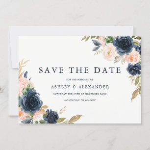 Navy Blush Elegant Modern Blommig Bröllop Spara Datumet