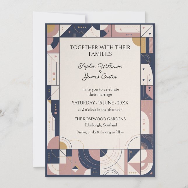 Navy Blush Geometrisk Art Deco Bröllopsinbjudan Inbjudningar (Framsida)