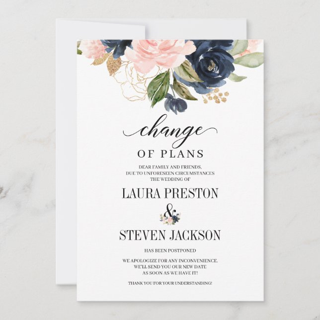 Navy Blush Golden Blommig Förändring Av Planer Inbjudningar (Framsida)
