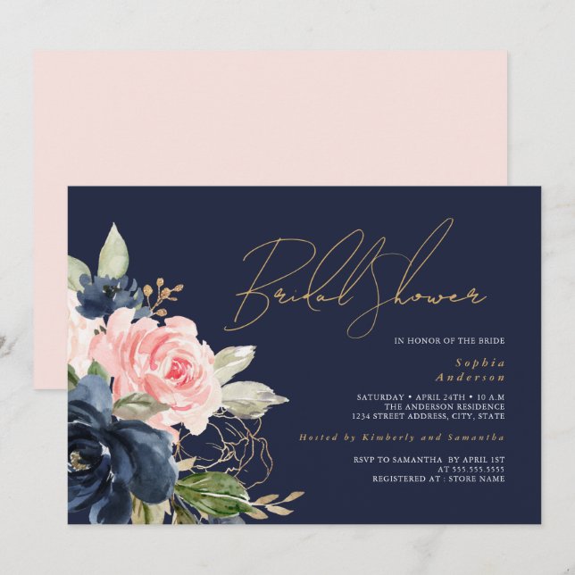 Navy Blush Guld Blommig Bröllopsdusch Inbjudningar (Fram/baksida)