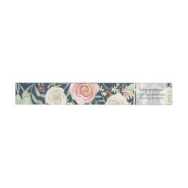 Navy Blush Ivory Ros Blommig Löv Vattenfärg Etikettband