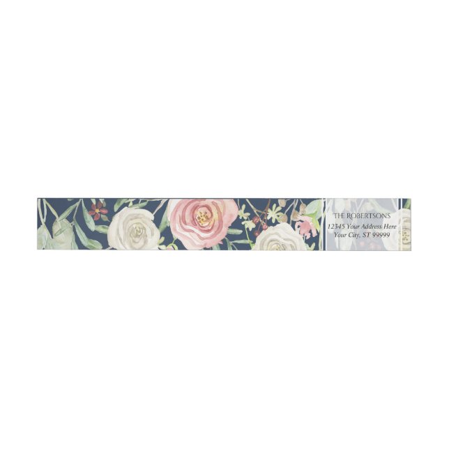 Navy Blush Ivory Rose Blommig Löv Akvarell Etikettband (Individual)