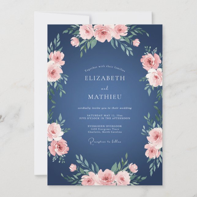Navy Blush Målerisk Blommande Bröllop Inbjudningar (Framsida)