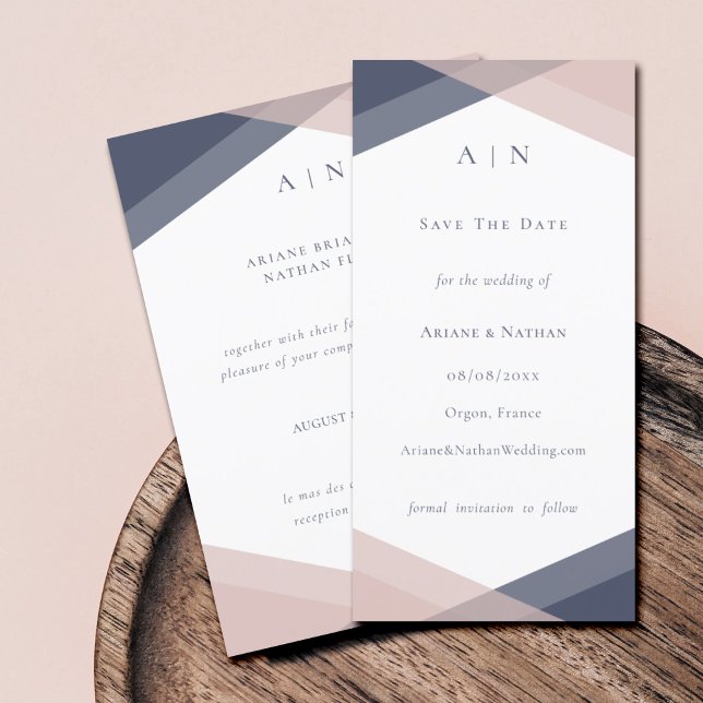 Navy & Blush Modern Monogram Geometrisk Bröllop  Spara Datumet (Skapare uppladdad)