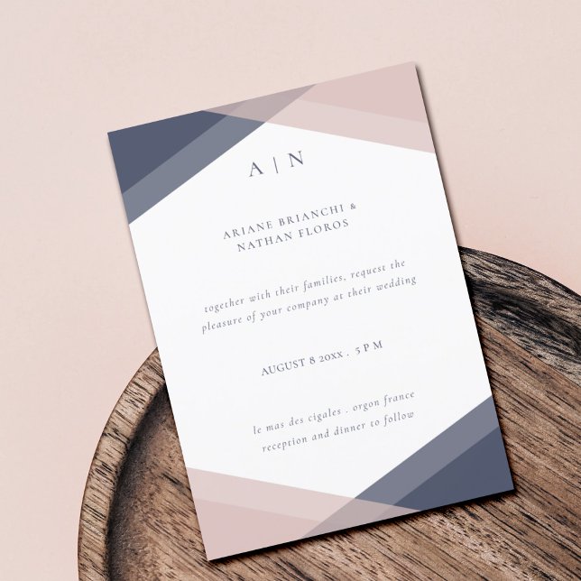 Navy & Blush Modern Monogram Geometrisk Bröllopsin Inbjudningar (Skapare uppladdad)