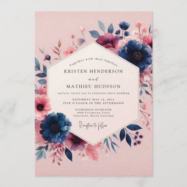 Navy Blush Moody Bloom Bröllop Inbjudningar (Framsida)