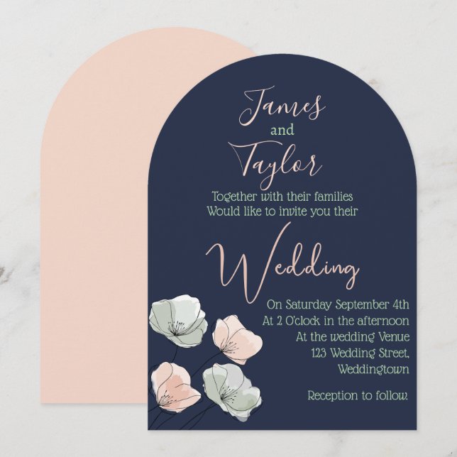 Navy Blush och Sage Blommig Bröllopsinbjudan Inbjudningar (Fram/baksida)