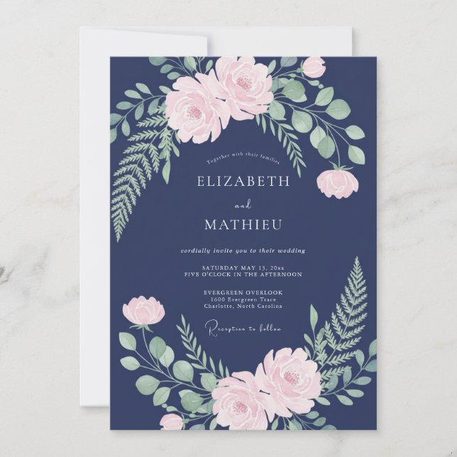 Navy Blush Peony Bröllop Inbjudningar (Framsida)