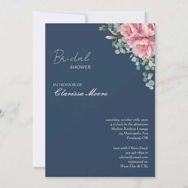 Navy Blush Peony Gold Frame Bridal Shower Inbjudningar (Framsida)