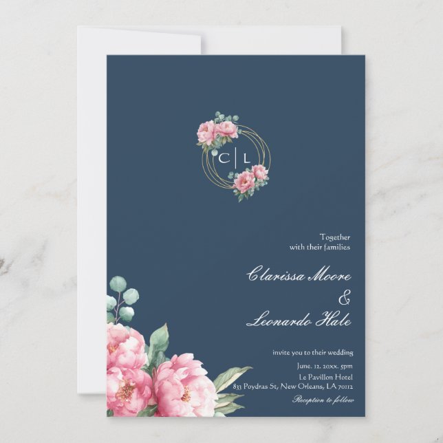 Navy Blush Peony Gold Frame Wedding  Inbjudningar (Framsida)
