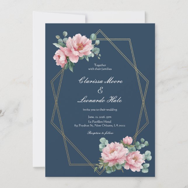 Navy Blush Peony Gold Frame Wedding  Inbjudningar (Framsida)