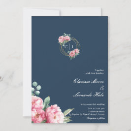 Navy Blush Peony Guld Ram Bröllop Inbjudningar