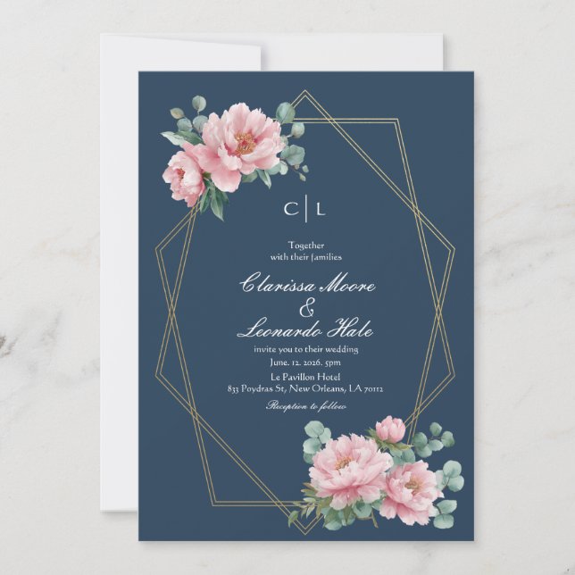 Navy Blush Peony Guld Ram Bröllop  Inbjudningar (Framsida)