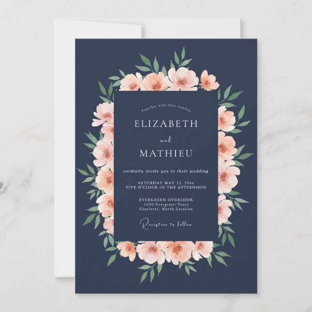 Navy Blush Peony Romantisk Bröllop Inbjudningar (Framsida)