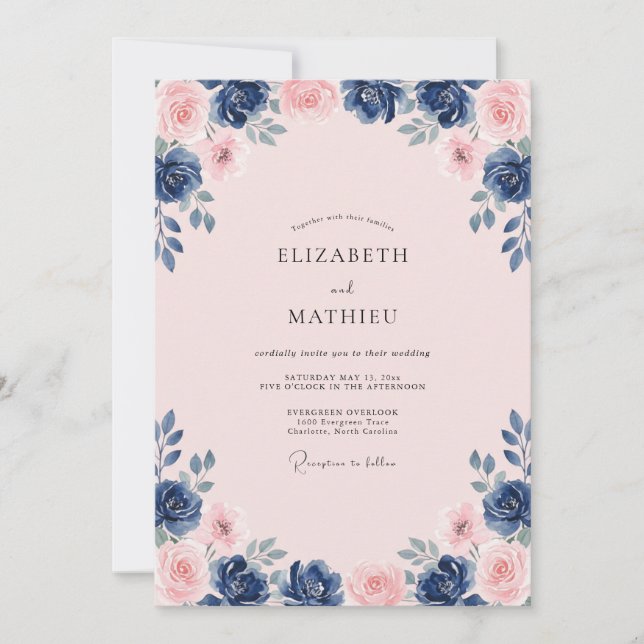 Navy Blush Polerad Blommig Bröllop Inbjudningar (Framsida)