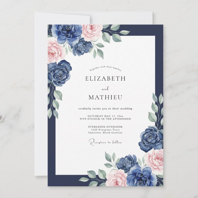 Navy Blush Ranunculus Eukalyptus Bröllop Inbjudningar (Framsida)