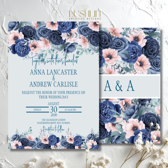 Navy & Blush Rosa Akvarell Bröllopsinbjudningar Inbjudningar (Skapare uppladdad)