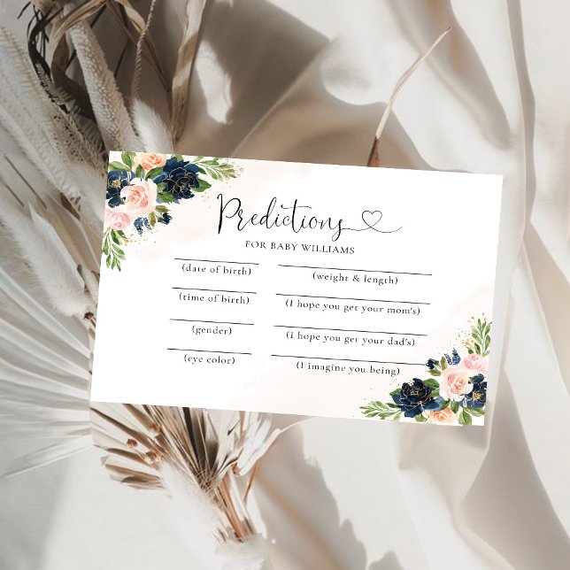 Navy & Blush Rosa Blommig Baby Förutsägelsekort Inbjudningar (Skapare uppladdad)