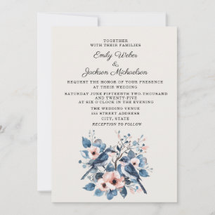 Navy Blush Rosa Blommor Fåglar Bröllop Inbjudningar