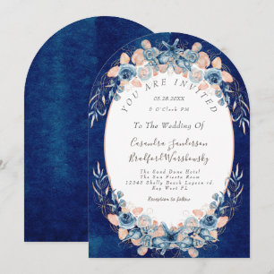 Navy Blush Strand Vattenfärg Skal Blomma Bröllop Inbjudningar