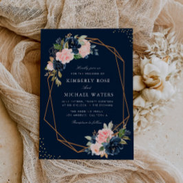 Navy & blush vattenfärg blommig geometrisk bröllop inbjudningar