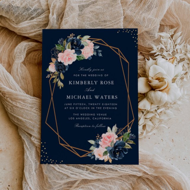 Navy & blush vattenfärg blommig geometrisk bröllop inbjudningar (Skapare uppladdad)