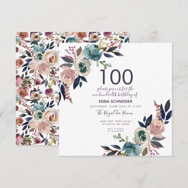 Navy & Blush Vintage Blommig | 100-årsdag Inbjudningar (Fram/baksida)