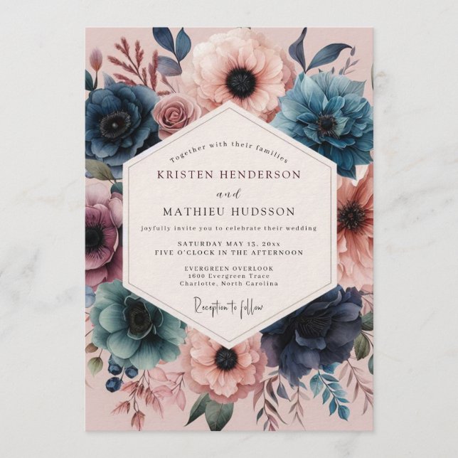 Navy Blush Vivid Flora Wedding Inbjudningar (Framsida)