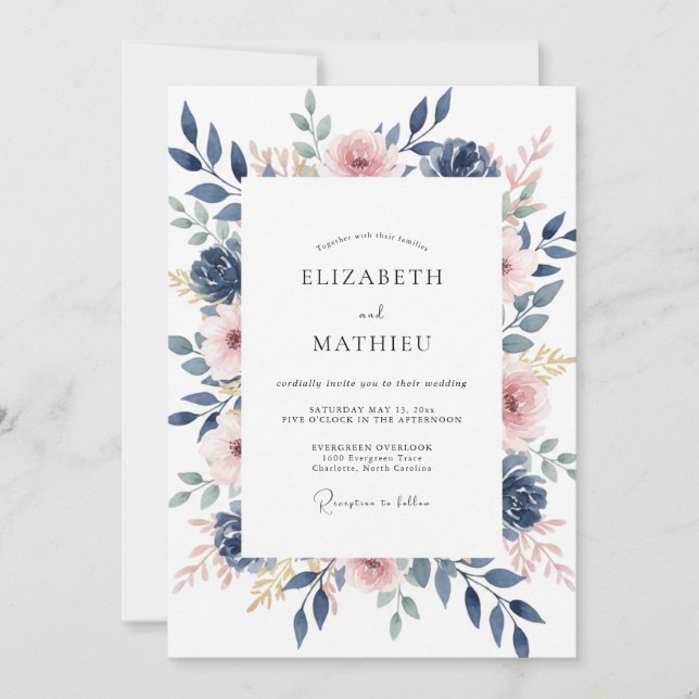 Navy Blush Watercolor Blommig Bröllop Inbjudningar (Framsida)