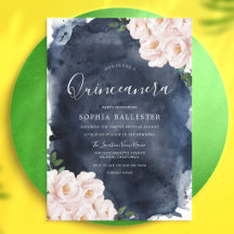 Navy Blush Watercolor Blommig Quinceanera