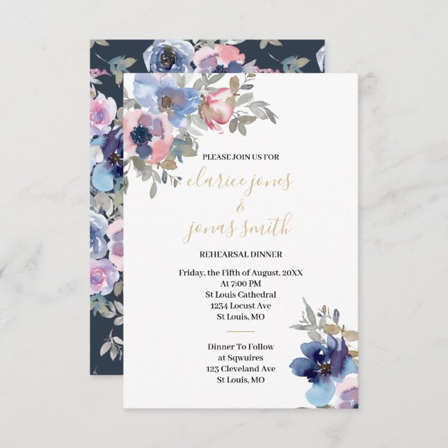 Navy & Blush Watercolor Flowers Rehearsal Dinner Inbjudningar (Fram/baksida)
