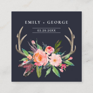 NAVY BOHO ANTLER BLOMMIGT BRÖLLOP WEBSITE OSA FYRKANTIGT VISITKORT