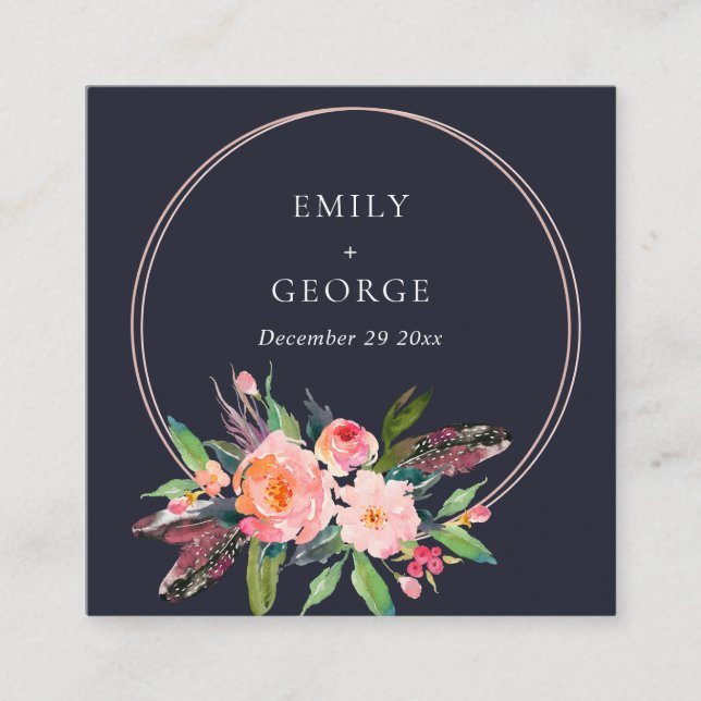 NAVY BOHO  BLOMMIGT WREATH BRÖLLOP WEBSITE OSA FYRKANTIGT VISITKORT (Framsida)