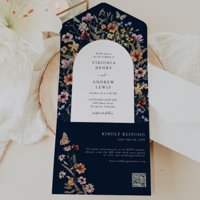 Navy Boho Bröllop (Navy Blue Boho Wedding All In One Invitation by Painted Paperie
)
