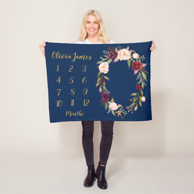 Navy Boho Flicka Milestone Månatligt Baby Blanket Fleecefilt (På plats)