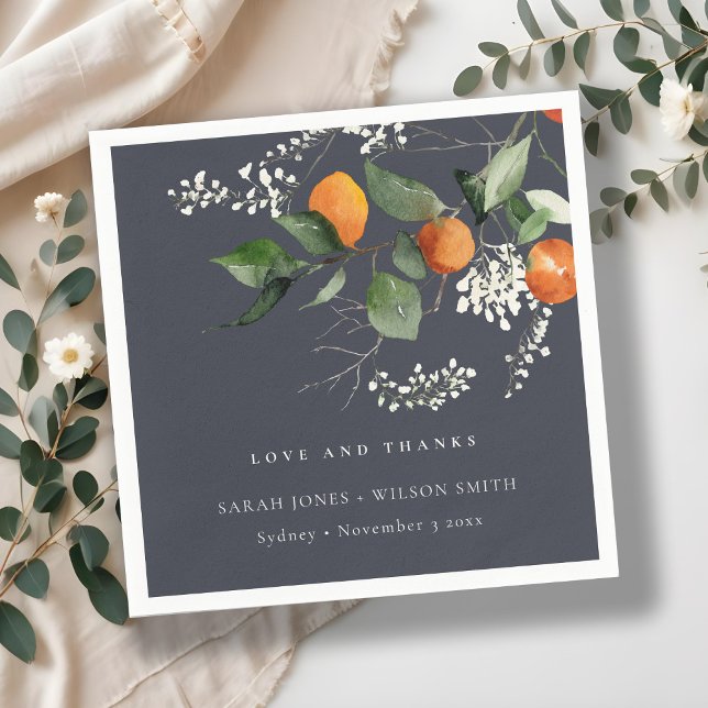 Navy Boho Orange Blommar Botanical Bröllop Napkins Pappersservett (Skapare uppladdad)